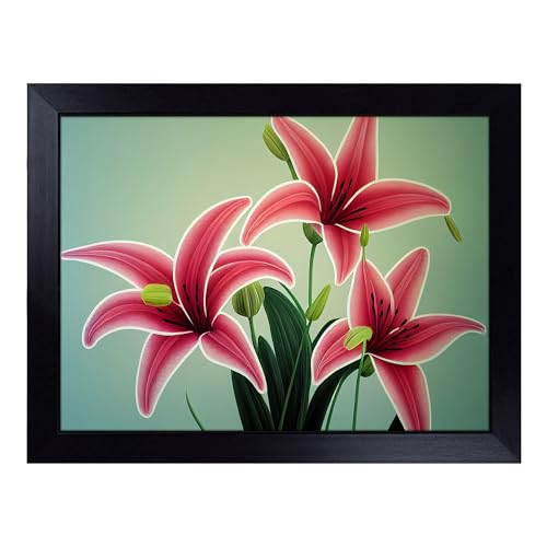Lap Tray with Bean Bag Cushion, Delicious Lily Flowers - Handmade in the UK, Raised Wooden Edge, Padded Cushion, Heat-Resistant Wipe-Clean Surface, for Meals, Laptops and Crafts