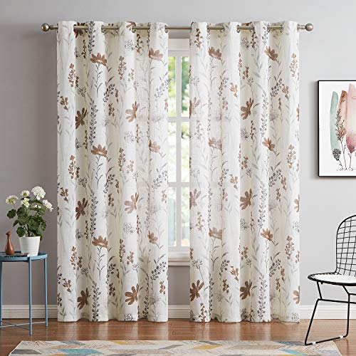 July Joy Printed Sheer Curtains Linen Textured for Living room Floral Leaf Design Farmhouse Style Window Panel Drapes Set Grommet Treatment for Bedroom, Dining, 52 x 96 inch, Brown