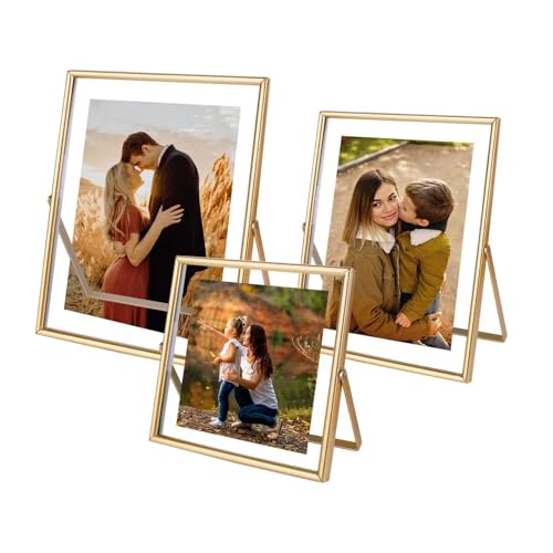 HSAUYU Gold Picture Frames Set of 3, Metal Geometric Photo Frame with Glass Cover Includes 5x7, 4x6, 4x4 - Tabletop Floating Picture Frames for Home Wedding Decoration, Gift for Father's Day