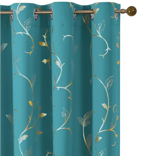 BUHUA Blackout Curtain 2 Panel Set Gold Vine Foil Print Thermal Insulated Drapes Room Darkening Curtains Grommet Window Treatment, 52 x 63 Inch, Teal Blue