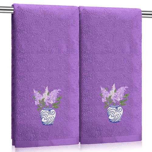 Frienda 2 Pcs Chinoiserie Vase Lilac Flower Hand Towels Purple Bathroom Decor 29.5x13.8 Inches Embroidered 100% Cotton Soft Absorbent Spring Summer Decorative Hand Towels for Bathroom Kitchen