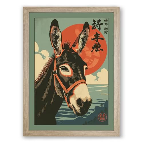 Donkey with Rising Sun Japandi Framed Wall Art Print A4 (29.7×21cm) Oak, Wall Decor for Living Room, Bedroom, Office & Home, Ready to Hang, Art Gift