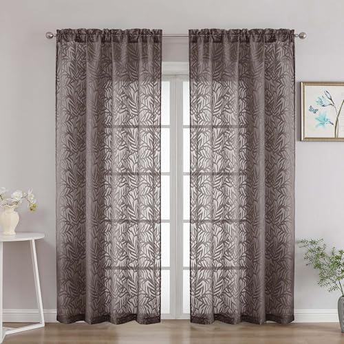 OVZME Extra Wide Chocolate Sheer Curtains 84 Inches Long 2 Panels, Elegant Leaf Clip Jacquard Light Filtering Sheer Curtains, Dual Rod Pocket Textured Drapes for Living Room, 2x52Wx84L Inches