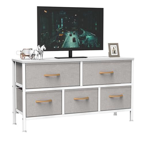Feonase Bedroom Chest of Drawers, 5 Fabric Drawers Dresser with Metal Frame and MDF Top Board, Modern Storage Unit for Bedroom Living room, Entryway, Closet, Office, Light Grey