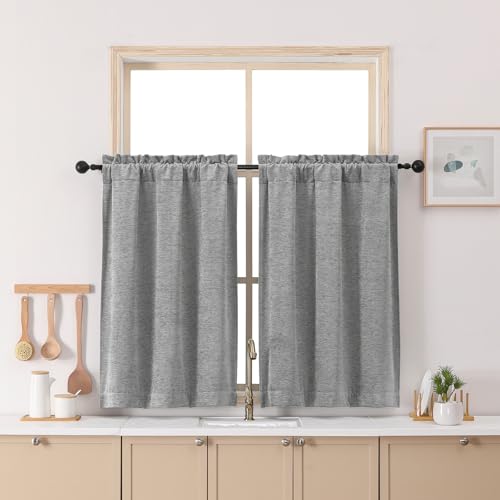 Chyhomenyc Chenille Velvet Kitchen Curtains 30 Inch Length - Light Filtering Short Window Curtains, Soft Small Half Window Curtain Panels for Bathroom Basement, 30Wx30L Inch, 2 Panels, Light Grey
