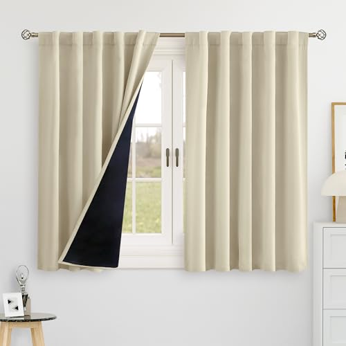 BGment 100% Blackout Curtains 40 Inch Length for Cafe, Rod Pocket and Back Tab Double Layer Thermal Insulated Full Room Darkening Bedroom Kitchen Curtains, 2 Window Panels, 42 x 40 Inch???Beige
