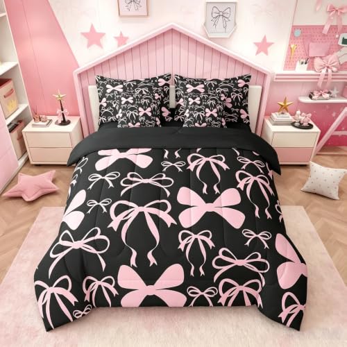 Feelyou Bow Bedding Set for All Season Boys Girls King Size Black Pink Girls Bow 7 Pieces Comforter Sets Women Men Cute Bowknot Bed in a Bag with Comforter, Sheets, Pillowcases & Cushion Cover