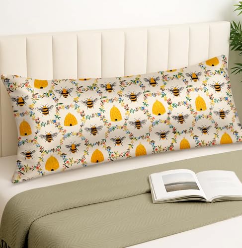 Miss Adola Silk Body Pillow Cover with Zipper - 20x54 Inch Silk Long Pillow Case for Women Ladies Adults Soft Bed Decorative Cute Boho Large Body Pillowcase Sham for Hair and Skin, Bee Flower