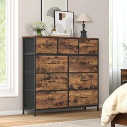 SONGMICS Chest of Drawers, Storage Unit, Steel, for Bedroom, Closet, Hallway, Living Room, 9 Drawers, Industrial, Rustic Brown and Ink Black BELLAH Collection LGS324BH04