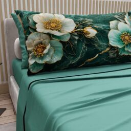 PETTI Artigiani Italiani - Cotton Sheets with Pillowcases in Digital Print, Double Bedsheets, Complete Bed Set, Floral 19 Teal, 100% Made in Italy