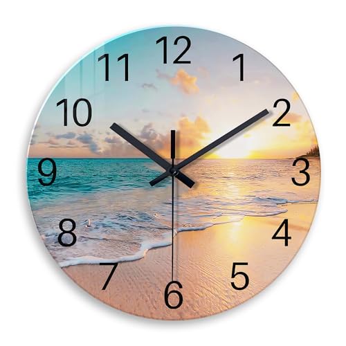 Constantplanet Large Glass Wall Clocks Battery Operated 20 Inch - Modern Blue Beach Wall Clock Silent Coastal Wall Clock for Living Room Bedroom Office Decor