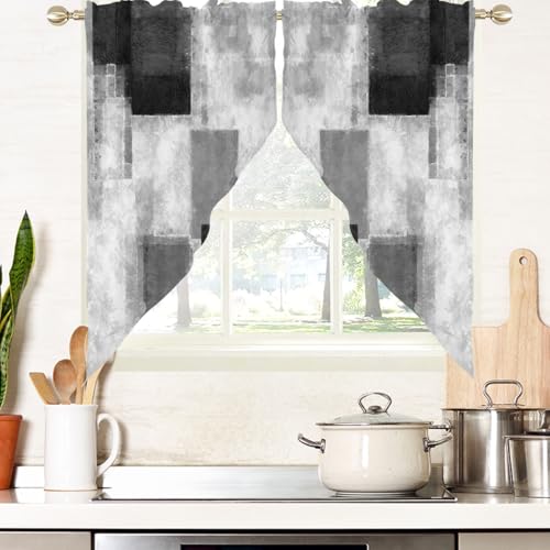"AAtter Black Grey Kitchen Valance Curtain for Window Gray Abstract Dark White Cool Ombre Small Short Swag Topper Bathroom Living Room Bedroom Rod Pocket Drapes Fabric 1 Pair, 28"" W x 36"" L, Geometric"