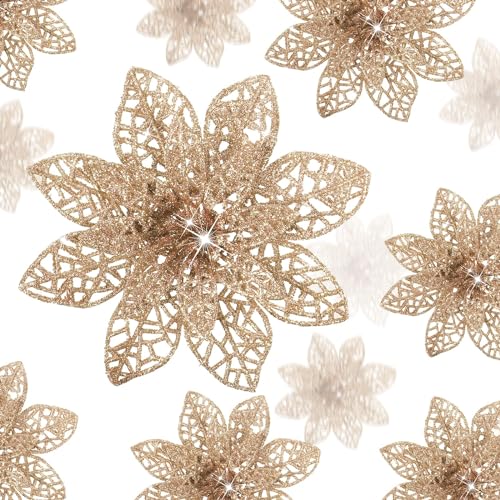 Boao 24 Pieces Glitter Poinsettia Christmas Tree Ornament Christmas Flowers Decor Ornament, 3/4/6 Inches (Champagne)