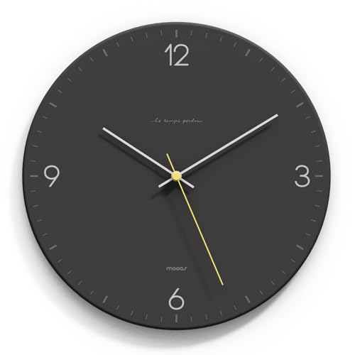 "mooas Flatwood Wall Clock,12"" Non-Ticking Sweep Movement (Simple Black) - Decorative Battery Operated Wall Clock for Home Living Room Kitchen Bedroom Office School"