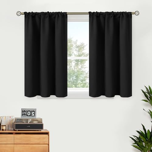BGment Black Curtains 36 Inches Long for Kithchen Cafe Window - Short Length Drapes Half Window with Rod Pocket Blackout Thermal Insulated for Bathroom RV Bedroom, 2 Panels, 34 x 36 Inch