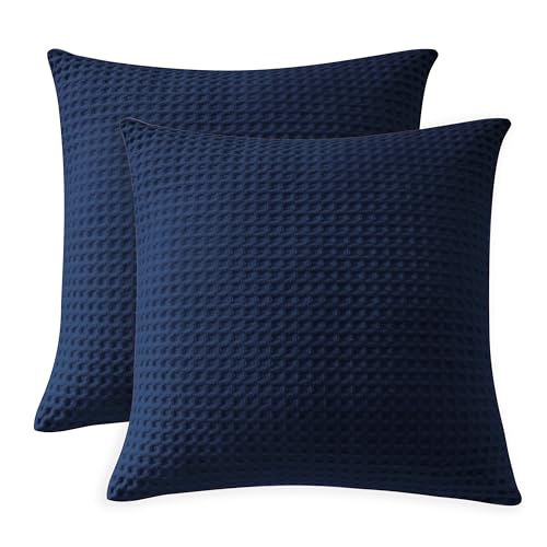 "100% Egyptian Cotton 600 TC Waffle Weave Throw Pillow Covers 2 Pack, Ultra Soft Breathable Euro Pillow Shams Covers, Decorative Cushion Covers for Bed Couch Sofa Car, No Insert, Navy Blue, 20"" x 20"""
