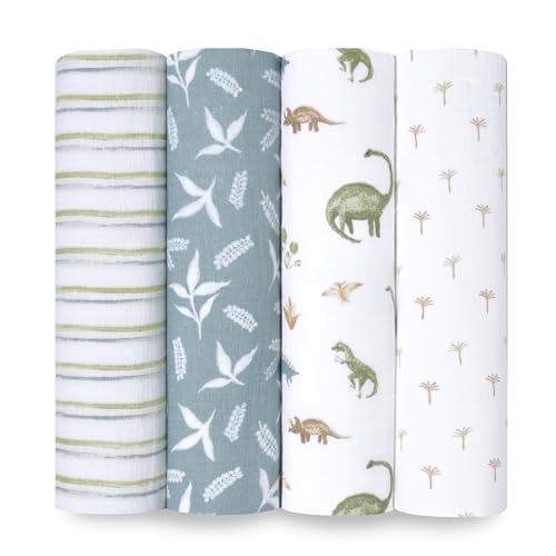 aden + anais Essentials Disney Baby Muslin Swaddle Blankets, Newborn Receiving Blanket for Swaddling, 100% Cotton Baby Swaddle Wrap, 4 Pack, Dino Jungle