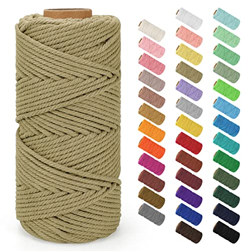 Natural Cotton Macrame Rope - 4mm x 109Yards (328Feet), Khaki - 4 Strands Twisted Macrame Cord for Wall Hanging, Plant Hangers, Crafts, Gift Wrapping and Wedding Decorations