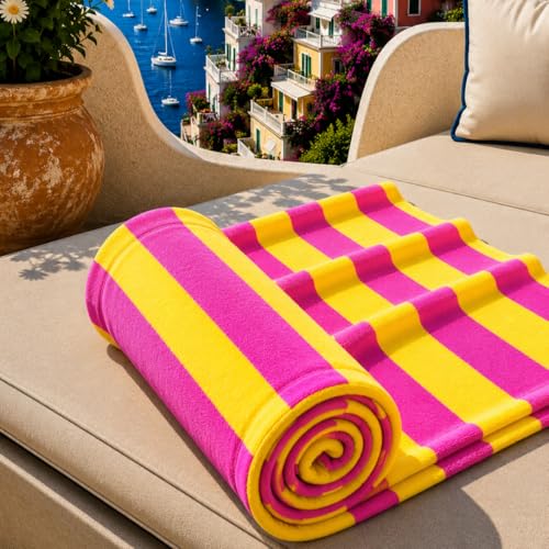 PETTI Artigiani Italiani - Microfibre Beach Towel, Beach or Pool Towel, Beach Towel, Large 90 x 180 cm, Fuchsia Yellow Stripes