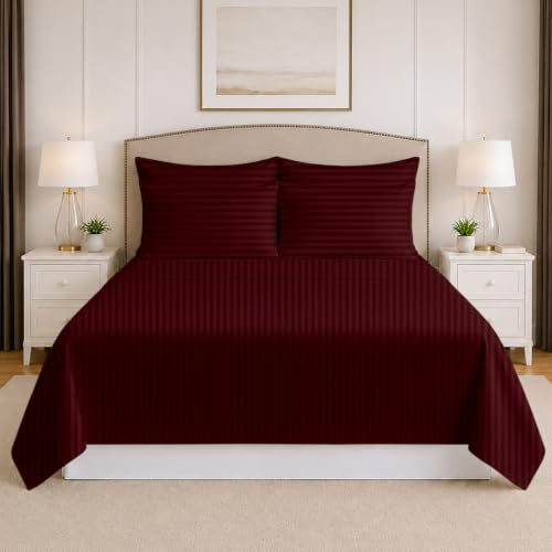 "Mattress-Homes Extra Deep Pocket 6 Piece Queen Sheet Set, Hotel Luxury Collection, 100% Egyptian Cotton, 21"" Deep Fitted Sheet, Soft, Cool & Breathable Bedding with 4 Pillowcases in Burgundy Stripe"