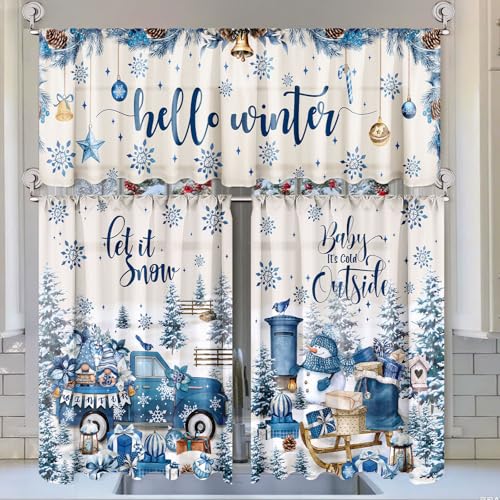 Breling 3 Pcs Christmas Snowflake Kitchen Curtains Valances and Tiers Set for Windows Winter Snowman Gnome Gifts Pine Tree Decor Short Curtain Set for Bedroom Window Treatment Decor Party Supplies
