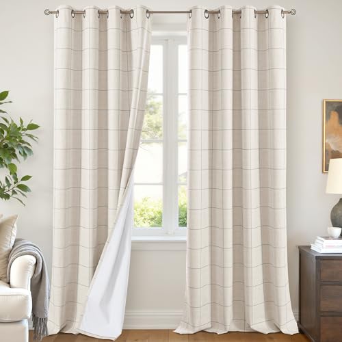 Lajode Plaid Gingham Patterned Curtains - 96 Inches Extra Long Rustic Linen Blackout Curtains for Living Room, Boho Cottage Checkered Striped Drapes for Bedroom Farmhouse 52x96 Inch 2 Panels, Grey