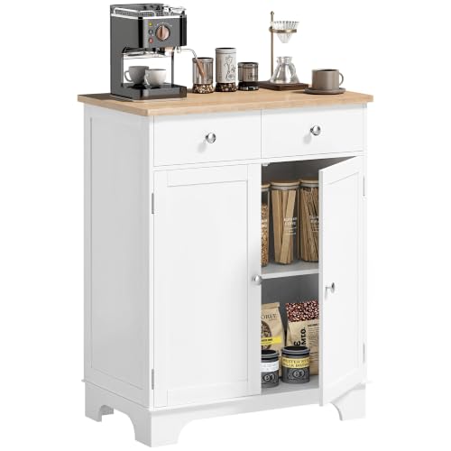 HOMCOM Kitchen Floor Cabinet Side Storage Cupboard Solid Wood Top, White