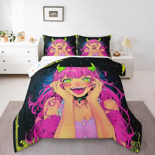 Erosebridal Anime Girl Comforter Set Full Size, Japanese Anime Bedding Set for Kids Boys Teens Bedroom Decor, Cartoon Manga Girl Quilt Kawaii Japanese Animation Duvet Insert with 2 Pillow Cases
