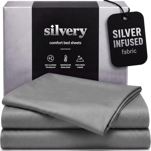 Silvery Silver Infused Bed Sheets Set - Ultra-Soft Temperature-Regulating Fabric with Self-Cleaning Technology??? That Stays Fresh 3X Longer for Hygienic Sleep