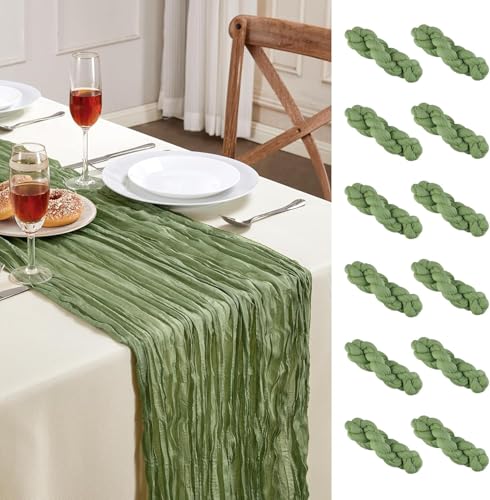 AGIRL 12 Pack Sage Green Cheesecloth Table Runner 10FT Long Boho Gauze Table Runner Rustic Sheer Runner for Wedding Bridal Baby Shower Birthday Party Table Decor Thanksgiving Christmas Decorations