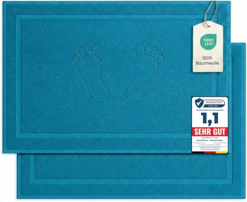 Komfortec Bath Mat Set, 2 Pieces, Terry Cloth Shower Mat, Washable Shower Mat & Bath Mat, 800 g/m² & 100% Cotton, Absorbent & Quick Drying, 50 x 80 cm, Turquoise