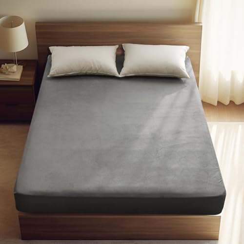 "PHF Ultra Soft Velvet Fitted Sheet King Size, 16"" Deep Pocket with Wider Stronger Elastic Band, Easy Fit Easy Care, 1 Pack Cozy Comfy Flannel Bottom Sheet for All Seasons, No Pillowcases, Smoke Grey"