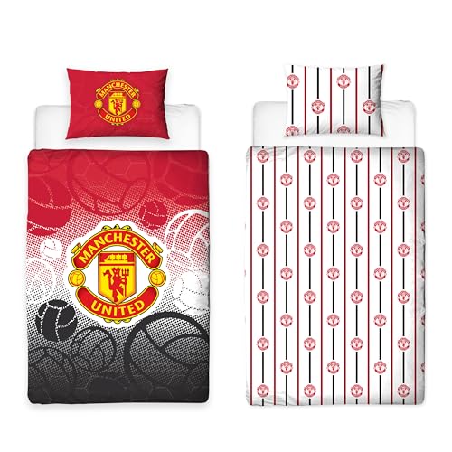 Manchester United FC Official Single Duvet Cover Set, Crest Design - Red Reversible 2 Sided Football Bedding Cover Official Merchandise Including Matching Pillow Case
