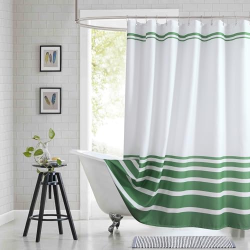 BESTRIPES Green and White Striped Shower Curtain 72x78 Inches, Waterproof Fabric with Modern Gradient Lines, 12 Rustproof Grommets & Weighted Hem