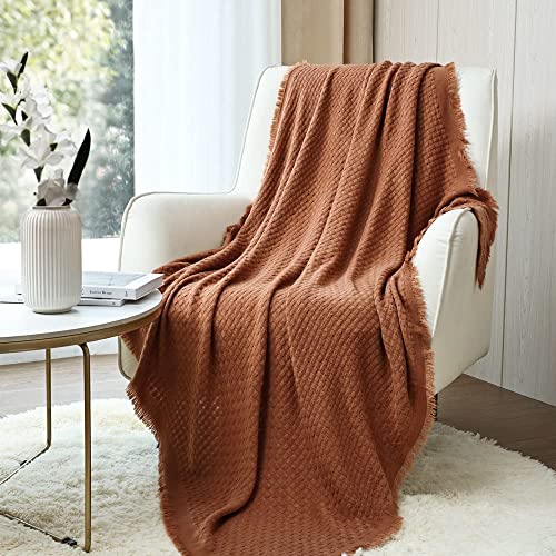 CREVENT Farmhouse Rust Knit Throw Blanket for Couch Sofa Chair Bed Home Decoration, Soft Warm Cozy Light Weight Textured Cover for Spring Summer Fall (127cmX152cm Caramel/Brown/Burnt Orange)