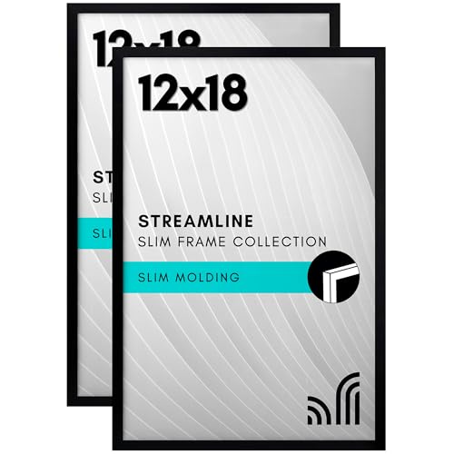 Americanflat 12x18 Poster Frame with Polished Plexiglass - Set of 2 - Streamline Collection - Thin Border Picture Frame for Wall Display - Hanging Hardware Included - Black