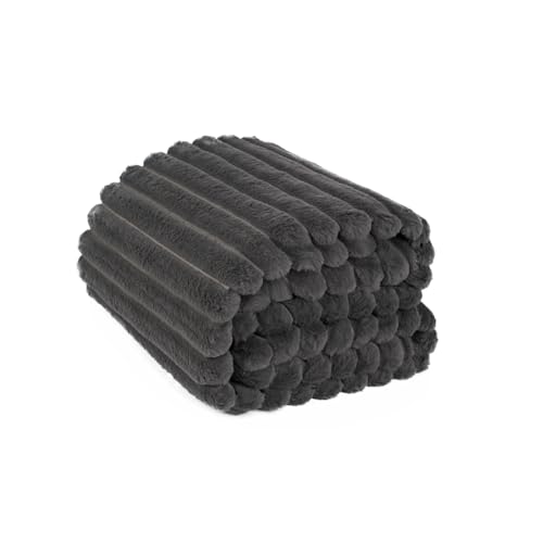 OHS Throws for Sofa Charcoal Grey, Faux Fur Rib Thick Blanket Throw for Winter Ultra Soft Cosy Warm Sofa Throw Blanket for Bedroom Living Room, 125x150cm