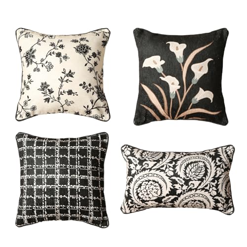 bilin gaier Black Throw Pillow Covers Set of 4,Elegant French with White Floral Pattern Throw Pillow Cases,Decorative Square Lumbar Pillows for Couch Sofa Bed Chair Cushion Covers Living Room