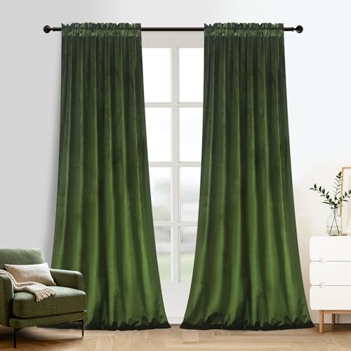 Roslynwood Velvet Curtain Panels Moss Green Room Darkening Window Super Soft Luxury Drapes for Bedroom Thermal Insulated Rod Pocket Curtain for Living Room (2 Panels, 52 by 90 Inch)
