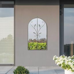 "MirrorOutlet The Arcus - Concrete Colour Framed Modern Arched Garden Wall Mirror 31"" X 18"" (80CM X 46CM) Silver Mirror Glass with Black All weather Backing."