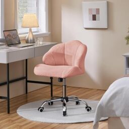 Yaheetech Teddy Boucle Chair Shell Back Height Adjustable Swivel Desk Pink - Comfortable wide seating surface, adjustable recline angle, compact armless structure fits makeup vanity and bedroom