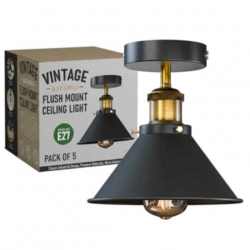 LEDSone E27 Ceiling Lights Metal Flush Mount Ceiling Lamp for Living Room, Bedroom, Kitchen, Dining Room Vintage Flush Mount Lighting 18cm Brushed Brass Conical Shade Lighting Without Bulb (5 Pcs)