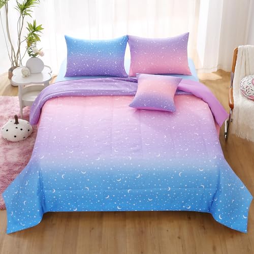 JQinHome Twin Girls Comforter Set,6 Piece Bed in A Bag 3D Purple Orange Glitter Bedding Set -All Season Microfiber Rainbow Bedding Sets for Girls Women