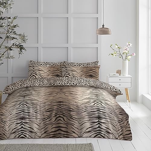 GC GAVENO CAVAILIA Premium Tiger Printed Animal Duvet Cover, Bedding, Soft & Cosy Easy Care Reversible Quilt Bedding Set, Single, Brown