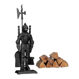 Relaxdays Modern Cast Iron Fire Irons Knight, 4-Piece Fireplace Companion Set with Shovel, Broom, Poker and Rack, Black