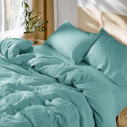 SONORO KATE 100% French Linen Queen Duvet Cover Set,Zipper Closure,3PC - Natural French Flax,Soft Breathable for Hot Sleepers,Moisture Wicking & Durable,4 Corner Ties,Aqua