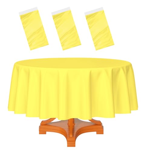 HEIPINIUYE 3 Pack Yellow Tablecloth Round 84 Inch Round Plastic Table Cloth Waterproof Disposable Round Table Cover for Party Birthday Camping Picnic Baby Shower Circle Tablecloth