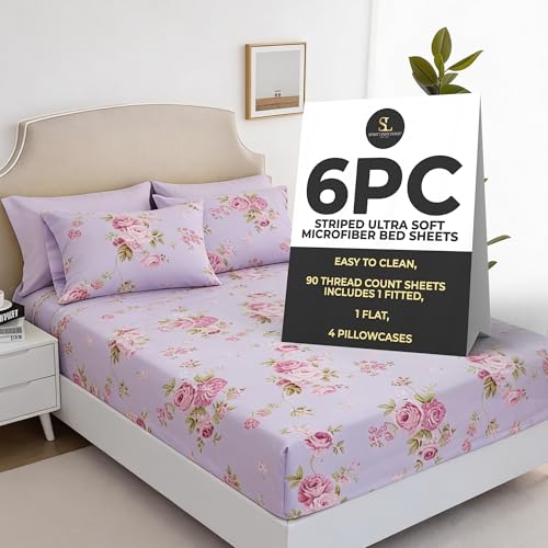 Spirit Linen Home 6-Piece Soft Bed Sheet Set - Full, Pink/Lavender Floral - Deep Pocket Soft and Breathable Microfiber Material Bed Sheets with 1 Fitted Sheet, 1 Flat Sheet, and 4 Pillowcases included