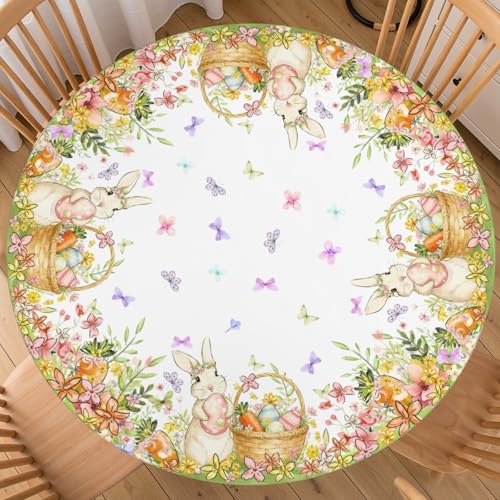ABSOP Easter Bunny Round Fitted Tablecloth with Elastic Edge 40-44 Inch Yellow Floral Table Cover Washable Cute Rabbit Table Cloth for Kitchen Dining Party Patio Picnic