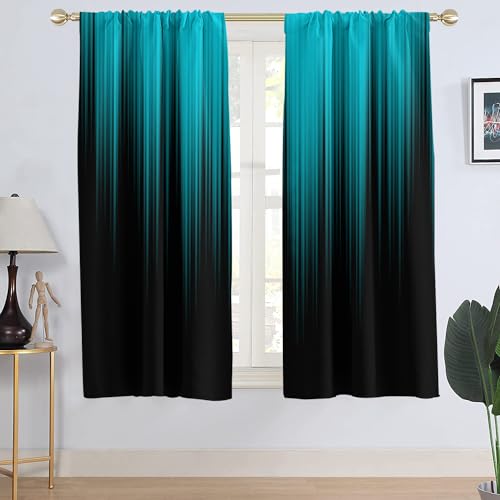 "AAtter Teal Turquoise Window Curtain Aqua Black Dark Abstract Modern Ombre Blue Gray Grey Simple Modern Art Two Tone Living Room Bedroom Window Drapes Treatment Fabric 1 Pair, 52"" W x 63"" L, Gradient"